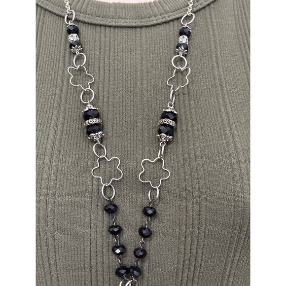 Womens Silver Chain Black Beaded Rhinestone Flower Necklace Statement Event BOHO - Picture 3 of 6
